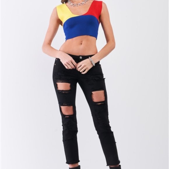Yellow Red Blue Color Block Knit  V-Neck And Back Sleeveless Crop Tank Top - Picture 3 of 3
